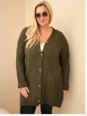 Dámsky kardigán Plus Size s gombíkmi a vrkočovým vzorom khaki