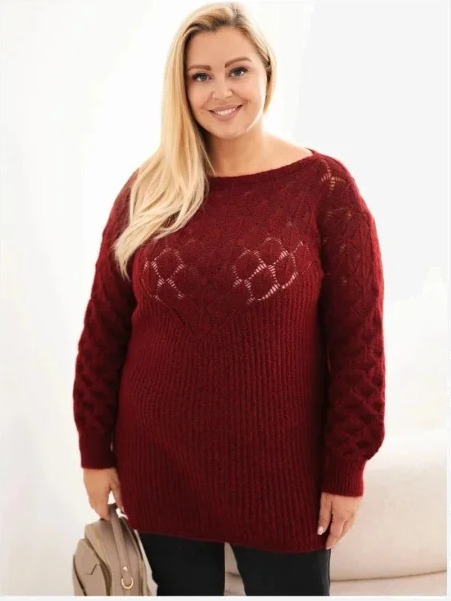Dámsky sveter Plus Size z dierkovanej pleteniny s dlhým rukávom bordový