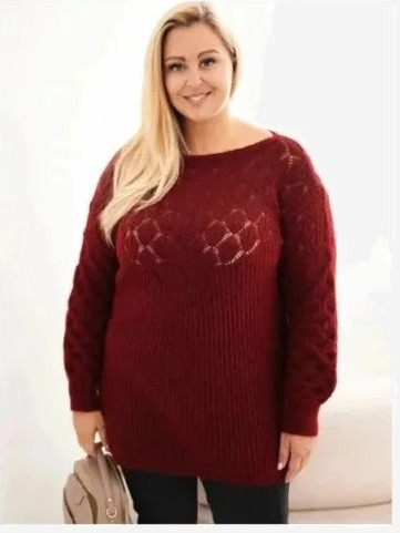 Dámsky sveter Plus Size z dierkovanej pleteniny s dlhým rukávom bordový