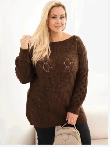 Dámsky pletený sveter Plus Size z dierkovanej priadze s dlhým rukávom hnedá