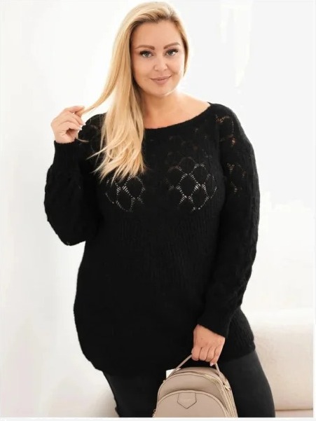 Dámsky sveter Plus Size z dierkovanej pleteniny s dlhým rukávom čierny