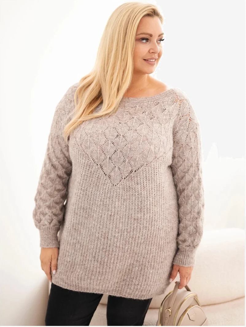 Dámsky sveter Plus Size z dierkované pleteniny s dlhým rukávom fango zelená