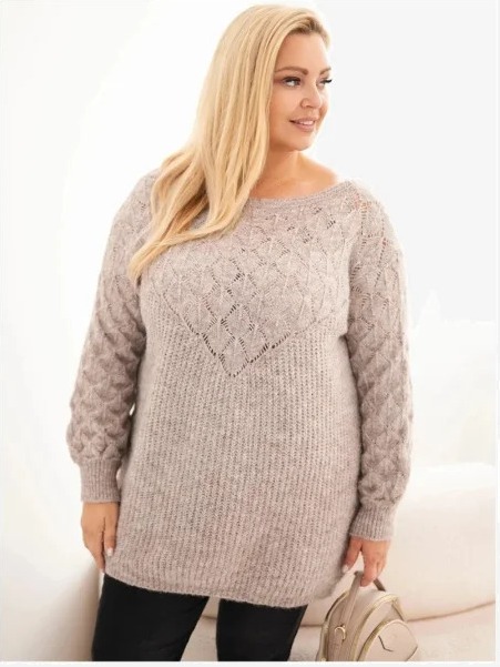 Dámsky sveter Plus Size z dierkované pleteniny s dlhým rukávom fango zelená