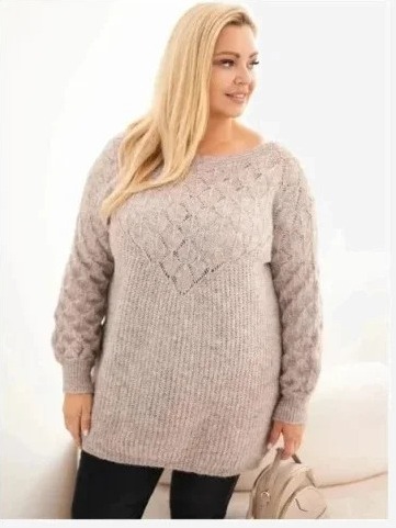 Dámsky sveter Plus Size z dierkované pleteniny s dlhým rukávom fango zelená
