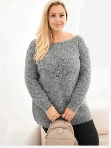 Dámsky sveter Plus Size z dierkovanej pleteniny s dlhým rukávom grafitový