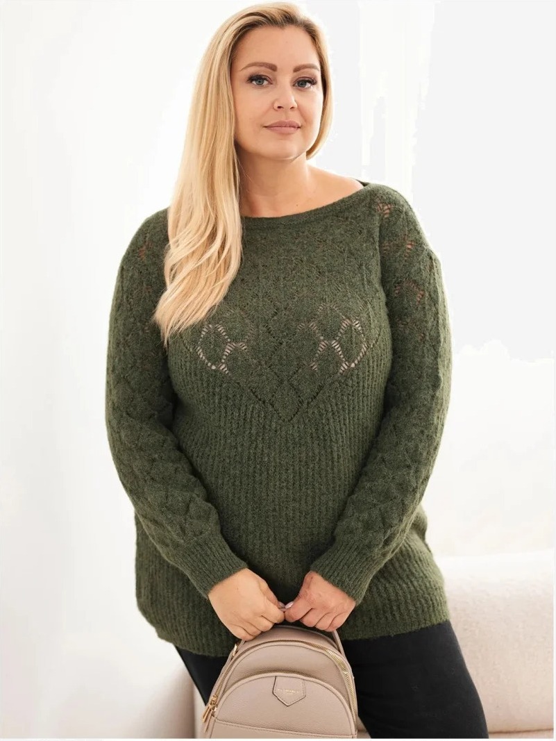 Dámsky sveter Plus Size z dierkovanej pleteniny s dlhým rukávom khaki