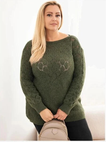 Dámsky sveter Plus Size z dierkovanej pleteniny s dlhým rukávom khaki