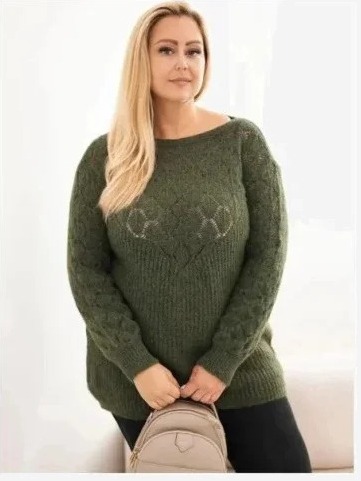Dámsky sveter Plus Size z dierkovanej pleteniny s dlhým rukávom khaki
