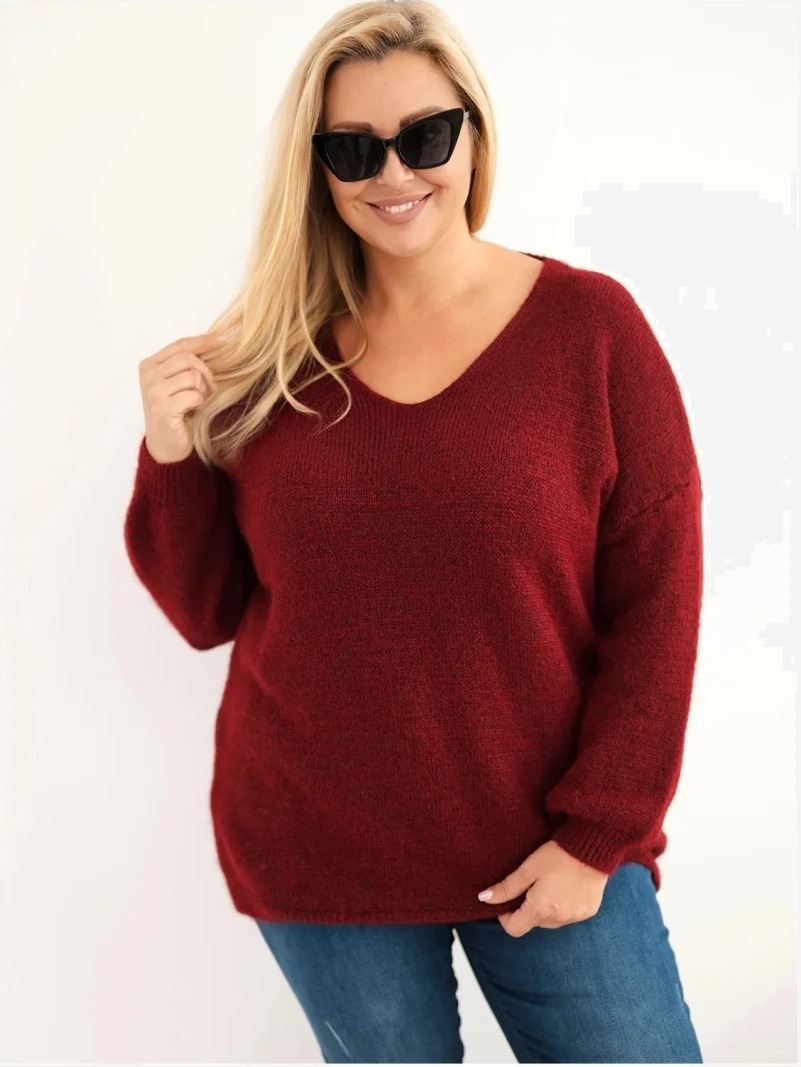 Dámsky sveter Plus Size z vlnou s výstrihom do V bordový