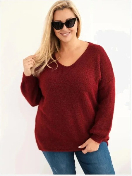 Dámsky sveter Plus Size z vlnou s výstrihom do V bordový