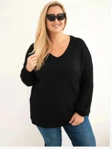 Dámsky sveter Plus Size s vlnou a výstrihom do V čierny