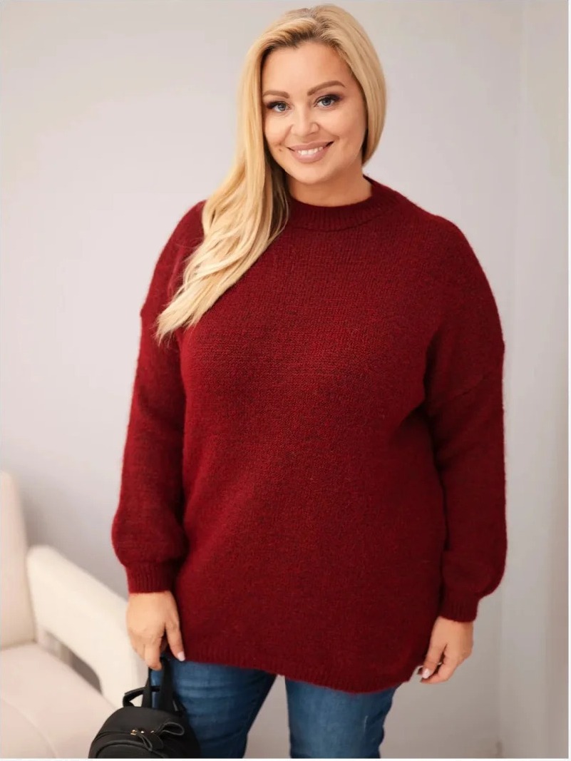 Dámsky sveter Plus Size s voľným strihom a dlhým rukávom bordový