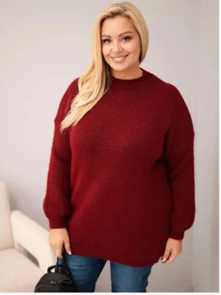 Dámsky sveter Plus Size s voľným strihom a dlhým rukávom bordový