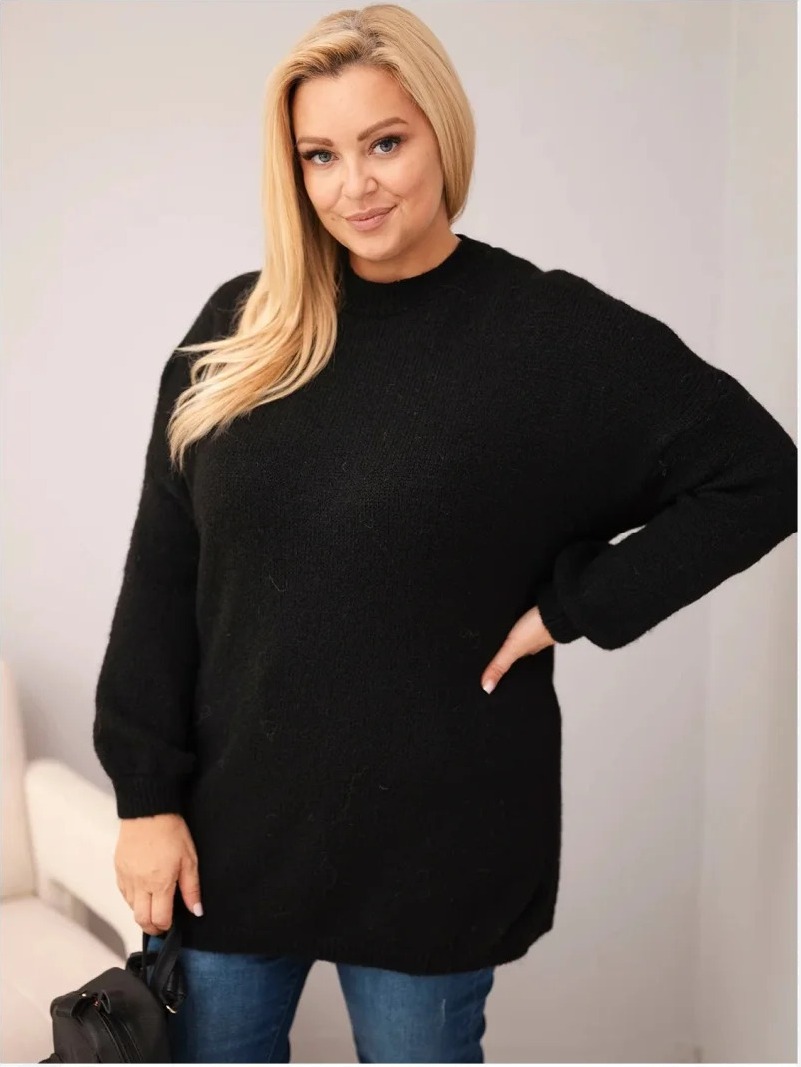 Dámsky sveter Plus Size voľného strihu s dlhým rukávom čierny
