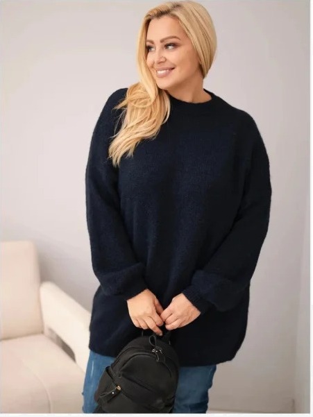 Dámsky sveter Plus Size vo voľnom strihu s dlhým rukávom modrý