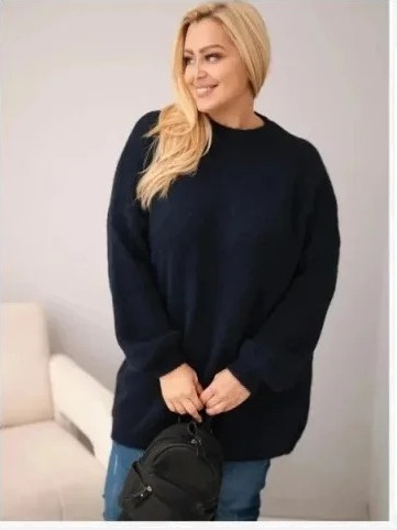 Dámsky sveter Plus Size vo voľnom strihu s dlhým rukávom modrý