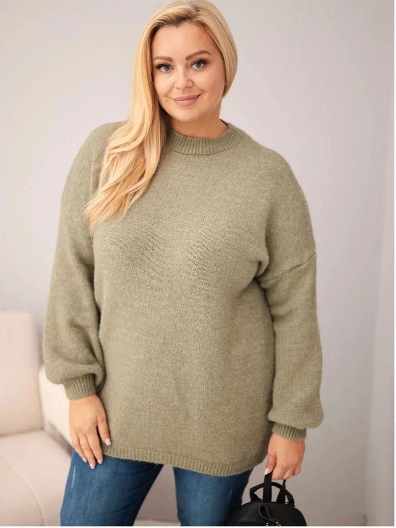 Dámsky sveter Plus Size vo voľnom strihu s dlhým rukávom khaki