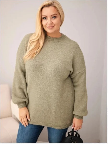 Dámsky sveter Plus Size vo voľnom strihu s dlhým rukávom khaki