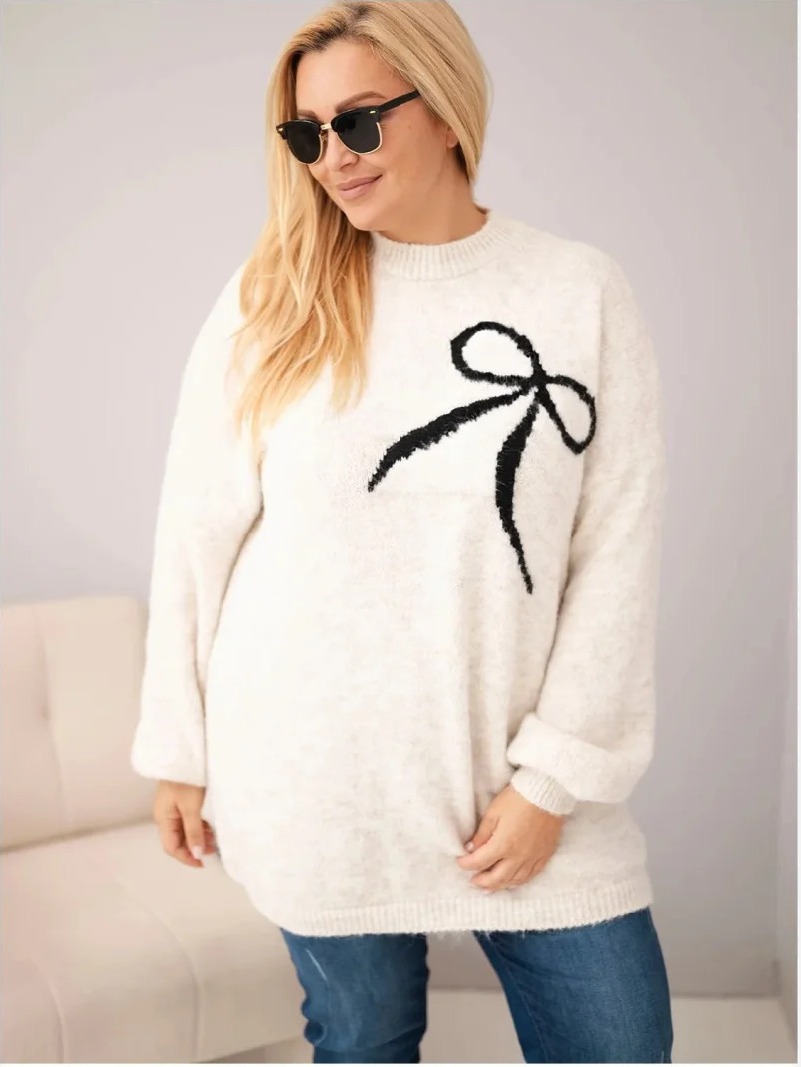 Dámsky sveter Plus Size s prídavkom vlny s mašľou béžový