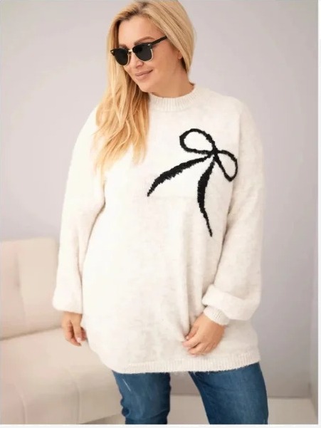 Dámsky sveter Plus Size s prídavkom vlny s mašľou béžový