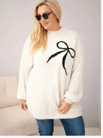 Dámsky sveter Plus Size s prídavkom vlny s mašľou béžový