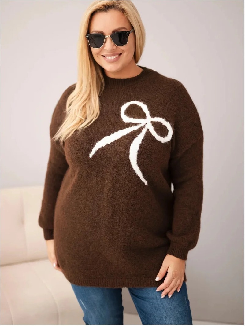 Dámsky sveter Plus Size s prídavkom vlny s mašľou hnedá