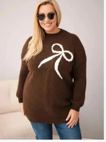 Dámsky sveter Plus Size s prídavkom vlny s mašľou hnedá
