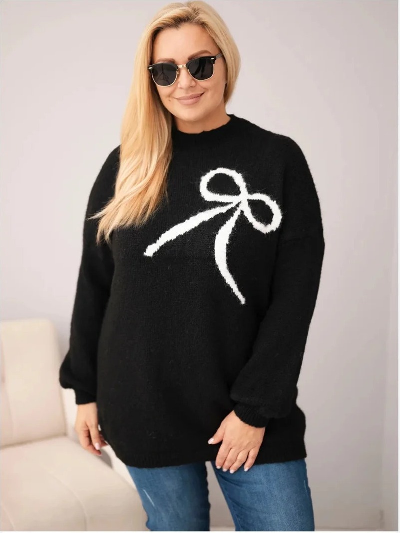 Dámsky sveter Plus Size s pridaním vlny s mašľou čierny