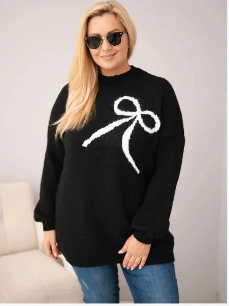 Dámsky sveter Plus Size s pridaním vlny s mašľou čierny