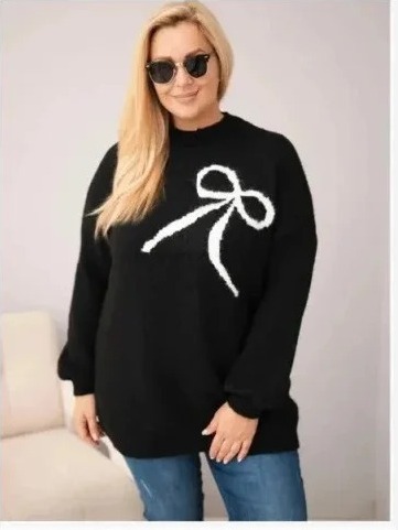 Dámsky sveter Plus Size s pridaním vlny s mašľou čierny
