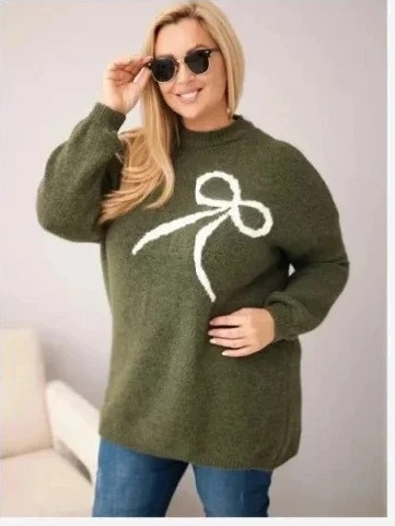 Dámsky sveter Plus Size s pridaním vlny s mašľou khaki