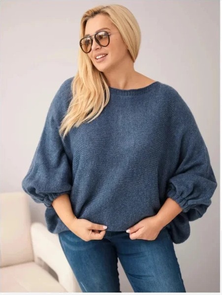 Dámsky sveter Plus Size s prídavkom vlny v voľnom strihu modrý