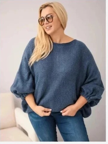 Dámsky sveter Plus Size s prídavkom vlny v voľnom strihu modrý