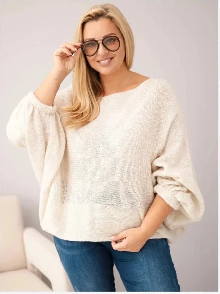 Dámsky sveter Plus Size s prídavkom vlny vo voľnom strihu béžový