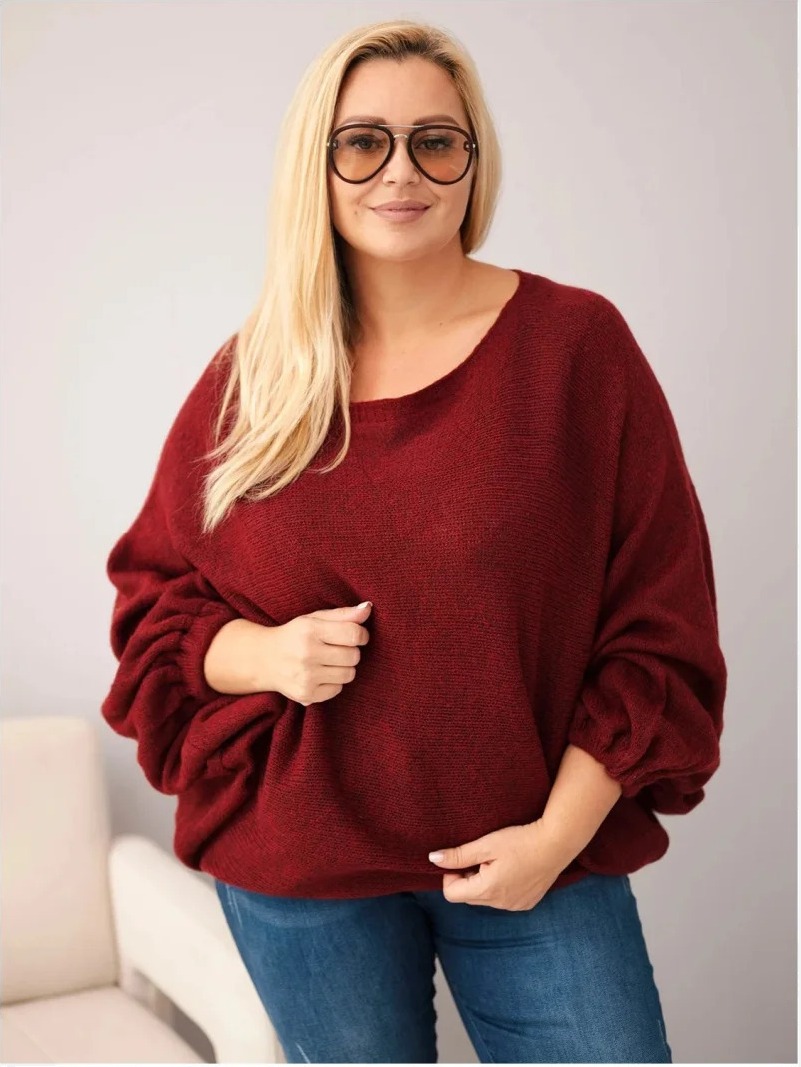 Dámsky sveter Plus Size s pridaním vlny vo voľnom strihu bordový