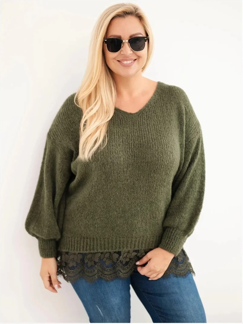 Dámsky sveter Plus Size s čipkovým spodkom khaki