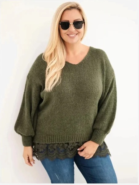 Dámsky sveter Plus Size s čipkovým spodkom khaki