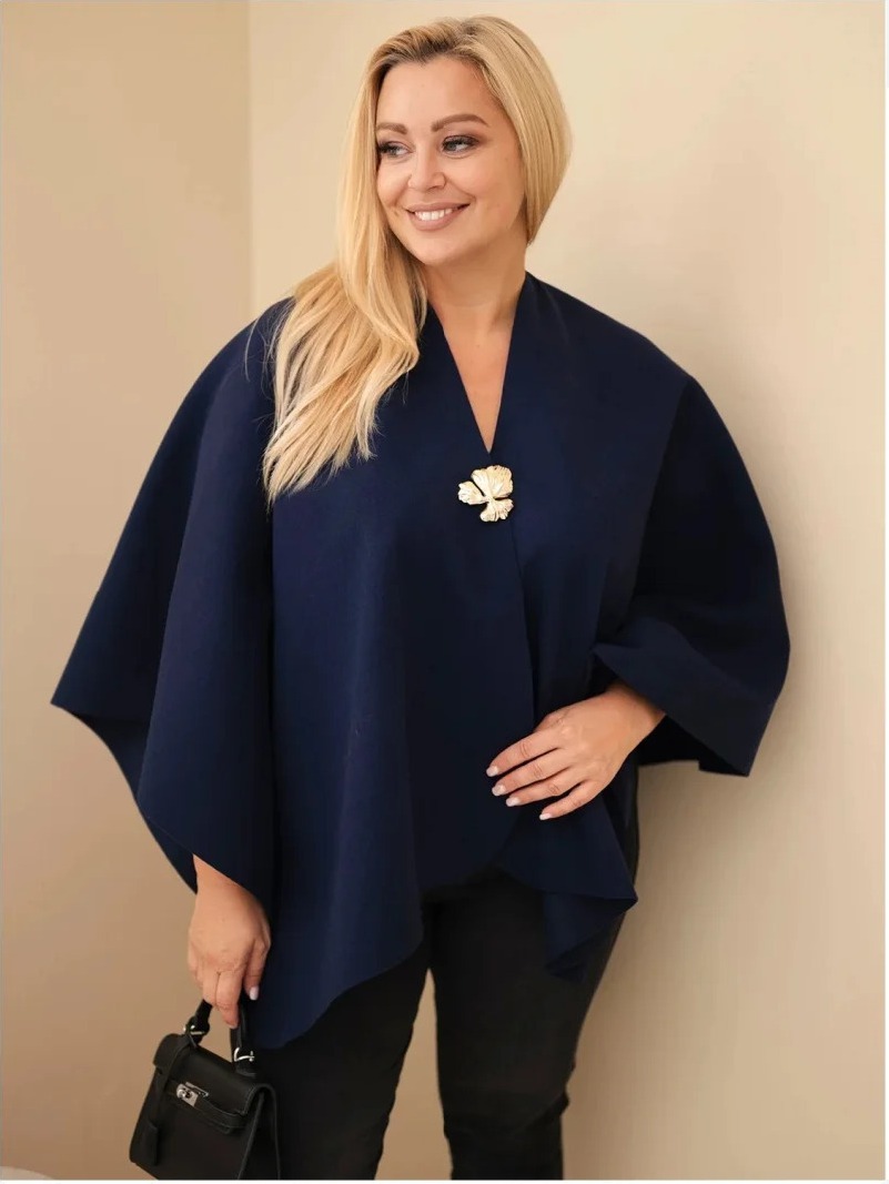 Dámske pončo Plus Size s brošňou nákrčník modrá