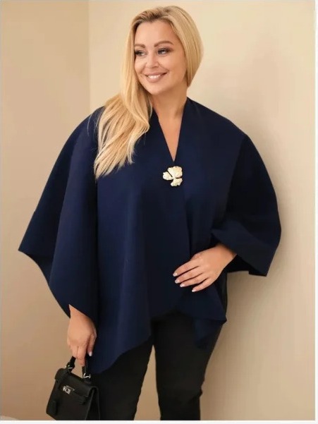 Dámske pončo Plus Size s brošňou nákrčník modrá