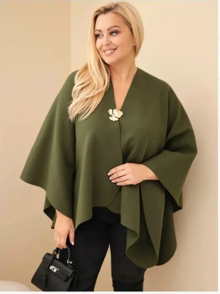 Dámska pončo prikrývka Plus Size s brošňou khaki