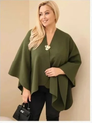 Dámska pončo prikrývka Plus Size s brošňou khaki