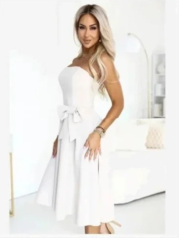692-2 NAYA Elegantné korzetové midi šaty bez ramienok s mašľou - svetlo béžová