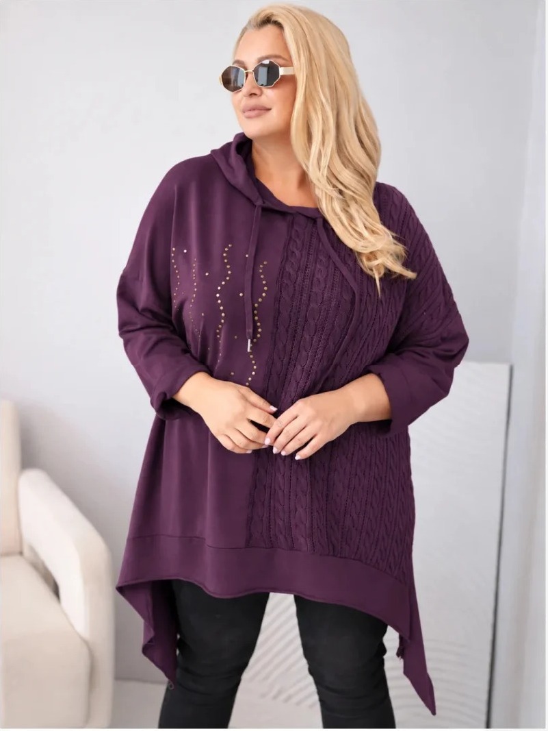 Mikina dámska bavlnená Plus Size s kapucňou a pletenou vsadkou slivková