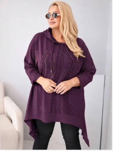 Mikina dámska bavlnená Plus Size s kapucňou a pletenou vsadkou slivková