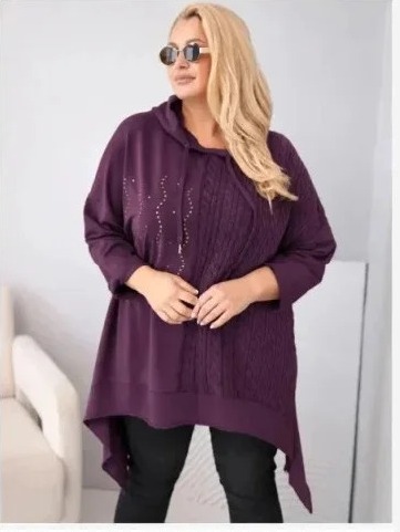 Mikina dámska bavlnená Plus Size s kapucňou a pletenou vsadkou slivková