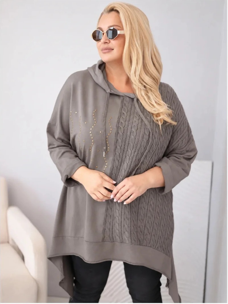 Mikina dámska bavlnená Plus Size s kapucňou a pletenou vsadkou fango