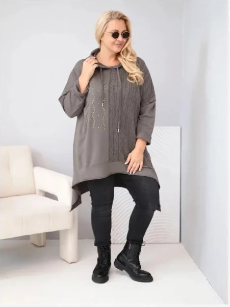 Mikina dámska bavlnená Plus Size s kapucňou a pletenou vsadkou fango