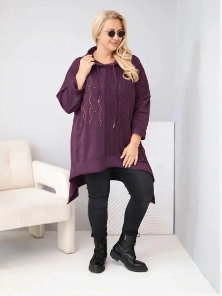 Mikina dámska bavlnená Plus Size s kapucňou a pletenou vsadkou slivková