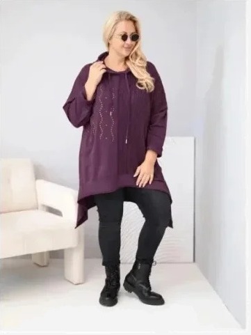 Mikina dámska bavlnená Plus Size s kapucňou a pletenou vsadkou slivková