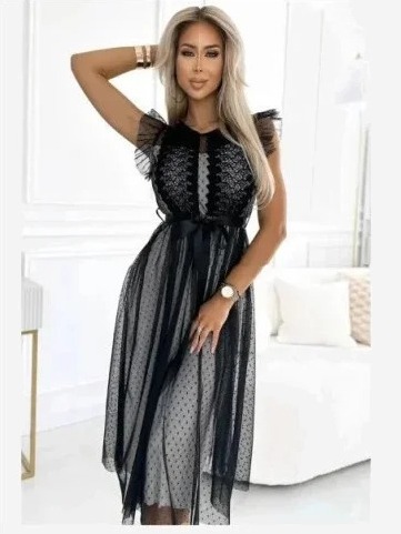 542-1 GIUSEPPINA Šaty so stuhou a čiernym tylom s bodkami